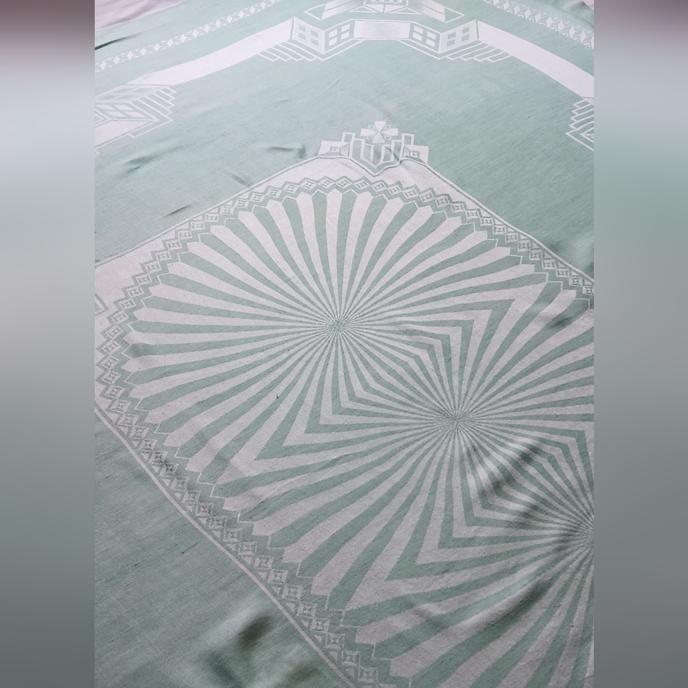 4 NAPKINS 1 TABLECLOTH JAPANESE GEOMETRIC PATTERN ON TEAL LINEN